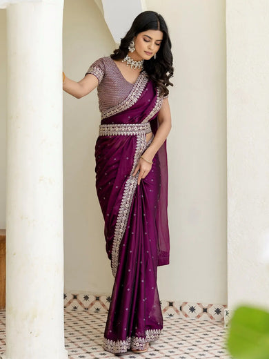 Elegant Wine Silk Sequins Work Reception Wear Saree With Blouse
